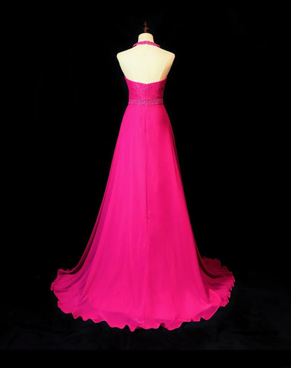 Vintage 90s Prom Dresses A Line Halter Hot Pink Chiffon With Beading Long Party Gown Formal Outfits RB6014