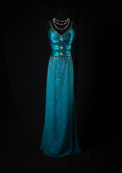 Robe de bal élégante années 1950, coupe trapèze, col en V, bleue ornée de perles et de pierres précieuses, robe de soirée longue vintage AS214