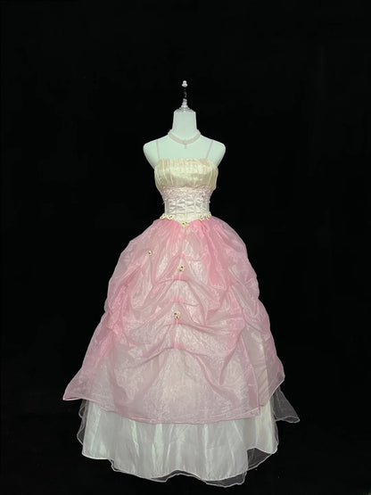 Dream Ball Gowns Straps Pink With Appliqued Lace Long Prom Dresses Senior Puffy Sweet 16 Sixteen Outfit Vestido de 15 RB7614