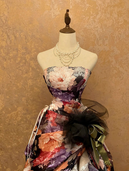 Elegant Mermaid Strapless Floral Satin Prom Dress With Train For Women Evening Party Gown RB9139