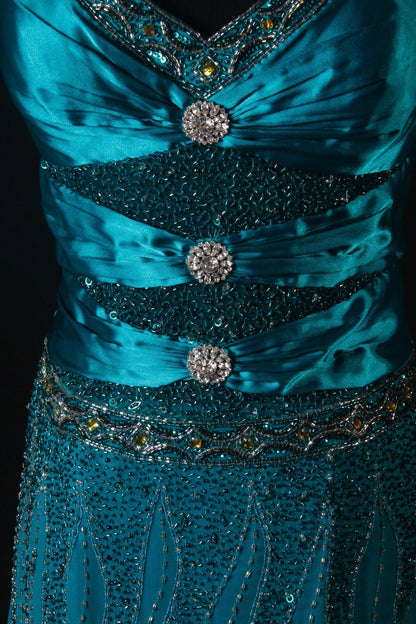 Robe de bal élégante années 1950, coupe trapèze, col en V, bleue ornée de perles et de pierres précieuses, robe de soirée longue vintage AS214