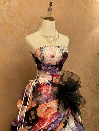 Elegant Mermaid Strapless Floral Satin Prom Dress With Train For Women Evening Party Gown RB9139