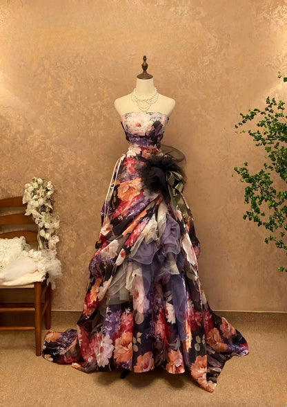 Elegant Mermaid Strapless Floral Satin Prom Dress With Train For Women Evening Party Gown RB9139