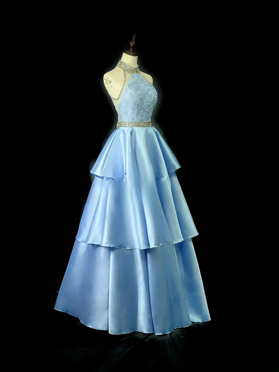Vintage 90s Prom Dresses Ball Gown High Neck Blue Satin With Silver Beads Long Party Gown Formal Outfits RB6016