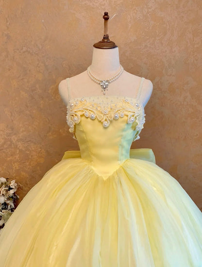 Quinceanera Dress Yellow Spaghetti Straps With Bow Pearls With Train Ball Gown Sweet 15 15th Birthday Gown RB9140