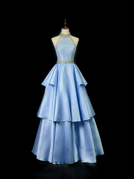 Vintage 90s Prom Dresses Ball Gown High Neck Blue Satin With Silver Beads Long Party Gown Formal Outfits RB6016