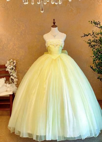 Quinceanera Dress Yellow Spaghetti Straps With Bow Pearls With Train Ball Gown Sweet 15 15th Birthday Gown RB9140