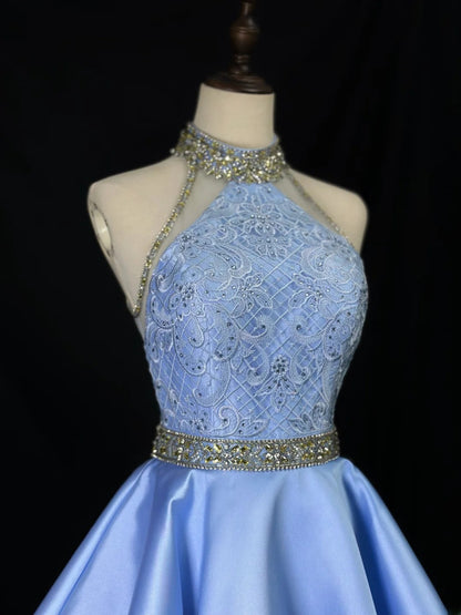 Vintage 90s Prom Dresses Ball Gown High Neck Blue Satin With Silver Beads Long Party Gown Formal Outfits RB6016