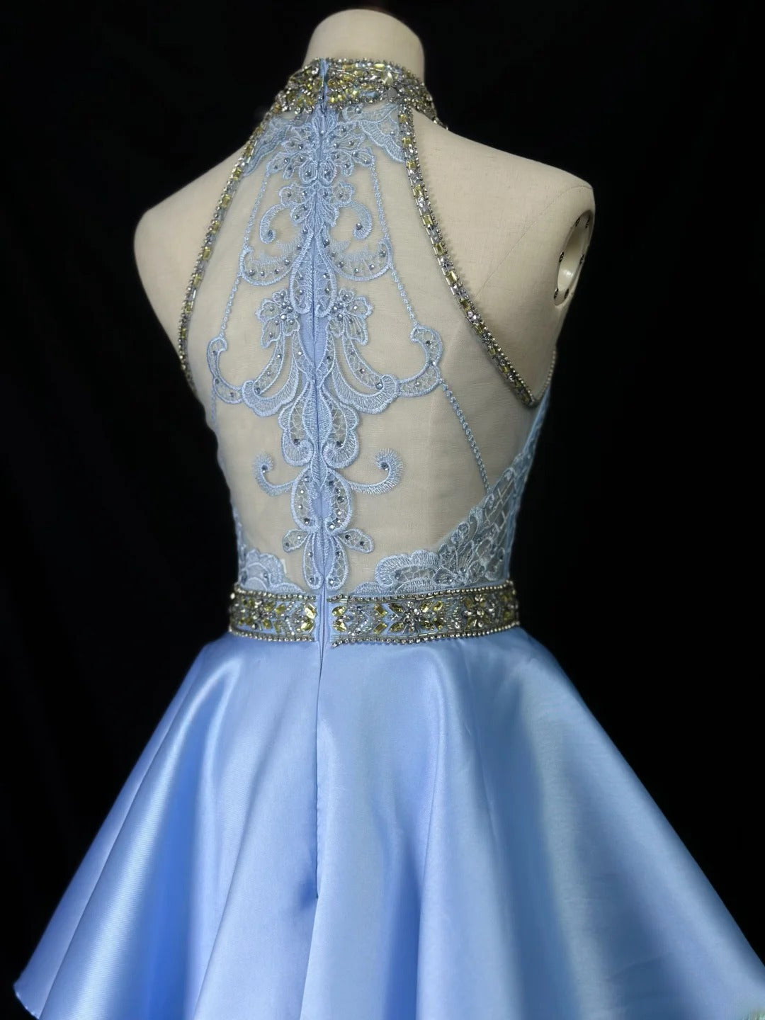 Vintage 90s Prom Dresses Ball Gown High Neck Blue Satin With Silver Beads Long Party Gown Formal Outfits RB6016