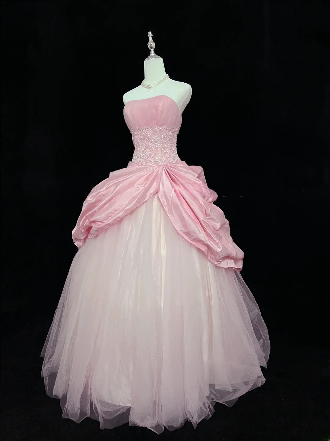 Dreamy Ball Gowns Strapless Pink With Appliqued Lace Long Prom Dresses Senior Puffy Sweet 16 Sixteen Outfit Vestido de 15 RB7615