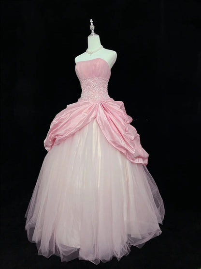 Dreamy Ball Gowns Strapless Pink With Appliqued Lace Long Prom Dresses Senior Puffy Sweet 16 Sixteen Outfit Vestido de 15 RB7615