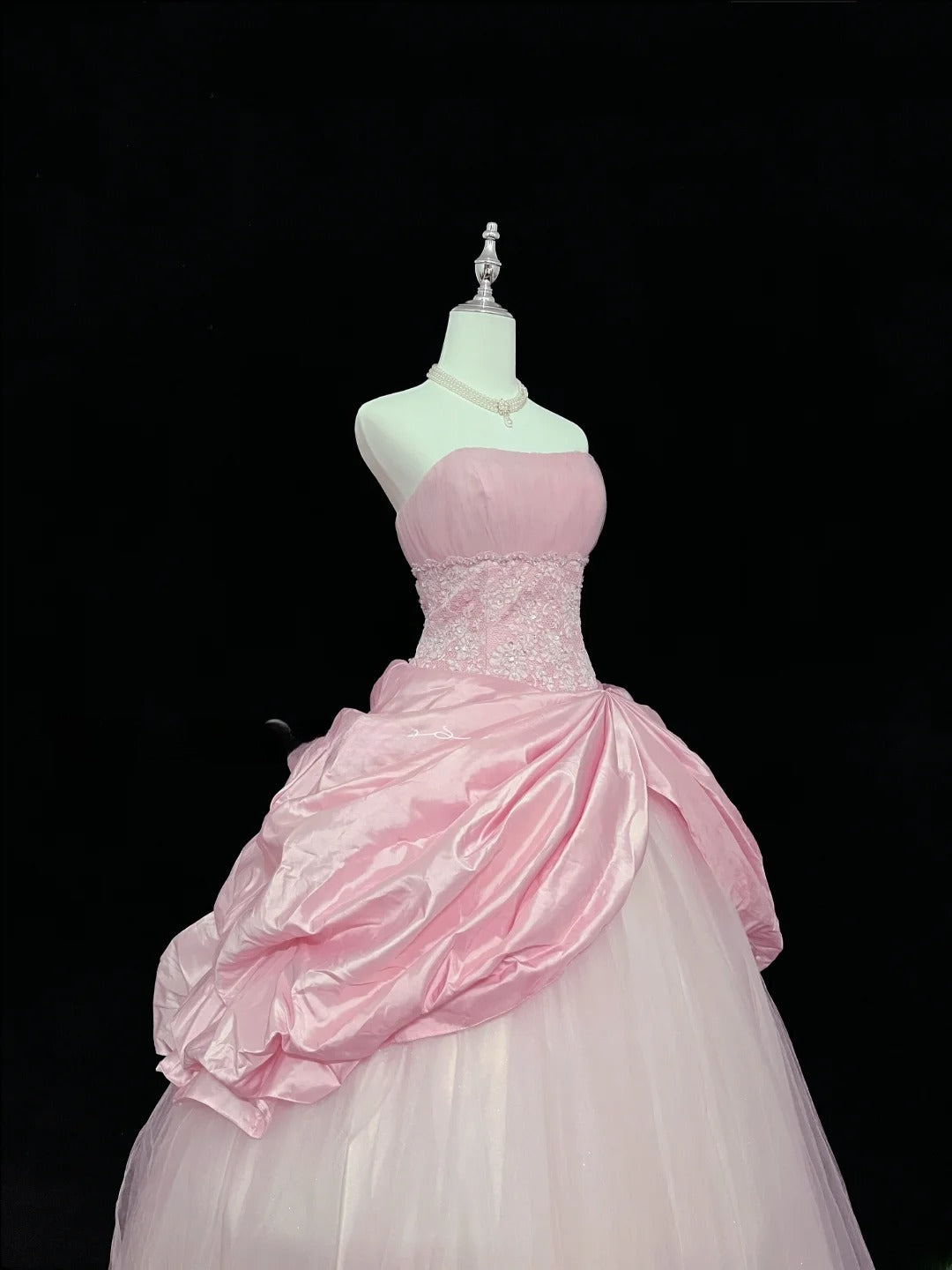 Dreamy Ball Gowns Strapless Pink With Appliqued Lace Long Prom Dresses Senior Puffy Sweet 16 Sixteen Outfit Vestido de 15 RB7615