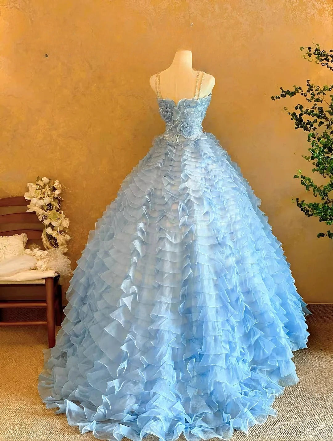 3D Floral Tiered Layers Halter Blue Quinceanera Dress Ball Gown Sweet 15 Gown RB9141