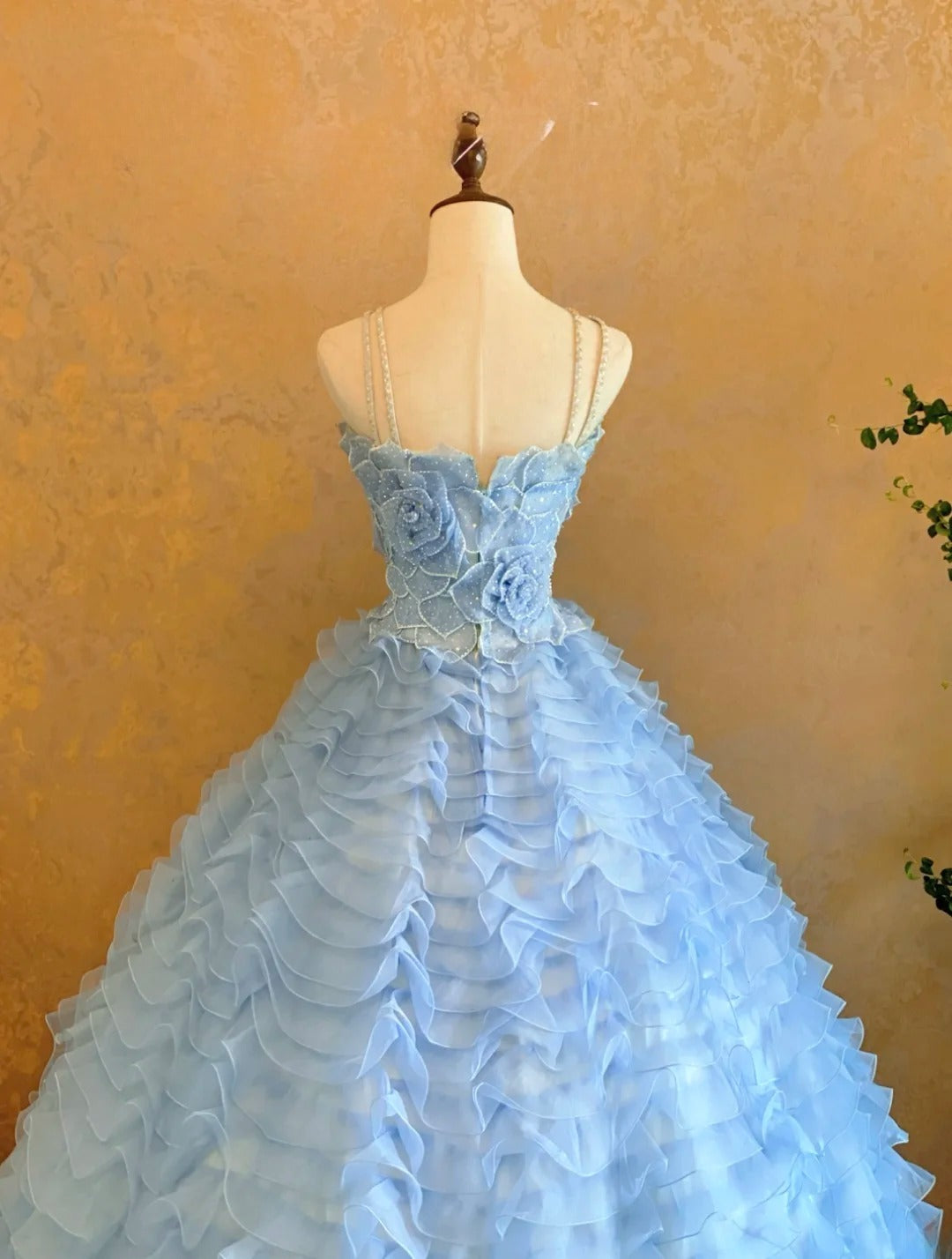 3D Floral Tiered Layers Halter Blue Quinceanera Dress Ball Gown Sweet 15 Gown RB9141