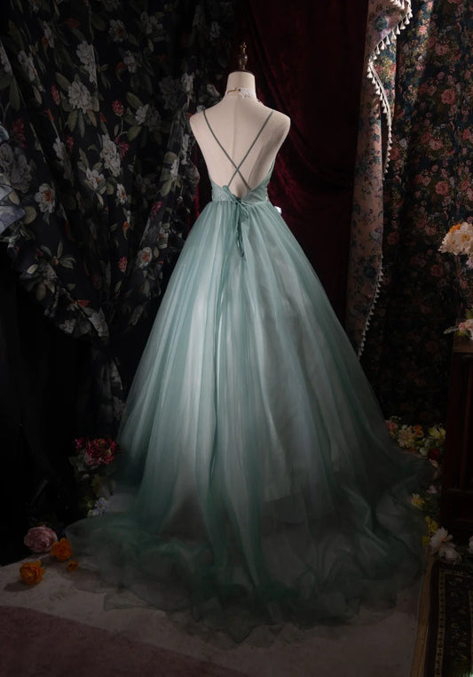 Cute Ball Gown Formal Events Spaghetti Straps Green Tulle With Appliqued Quince Dress Quinceanera Dresses Birthday Outfits RB8488