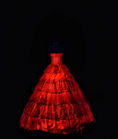 Ball Gown Strapless Red Long Quinceanera Dresses With Tiered For Sweet 15 15 Anos Celebration Birthday Formal Gown RB8864