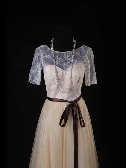 Simple A Line Scoop Neck With Half Sleeves Tulle Lace Bridesmaid Dresses AS216