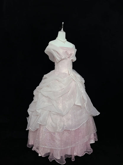 Dreamy Ball Gowns Strapless Pink With Bow-knot Long Prom Dresses Senior Puffy Sweet 16 Sixteen Outfit Vestido de 15 RB7616