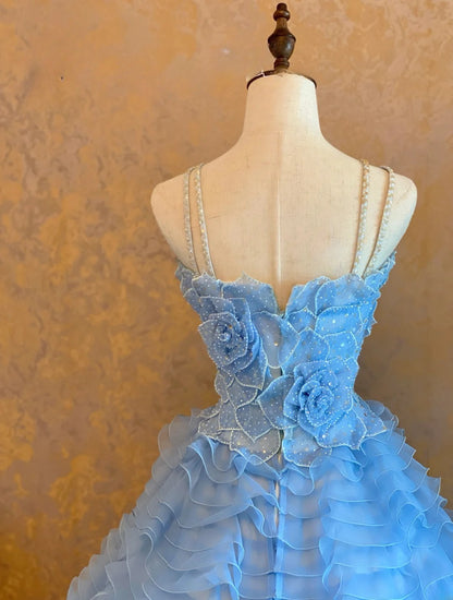3D Floral Tiered Layers Halter Blue Quinceanera Dress Ball Gown Sweet 15 Gown RB9141
