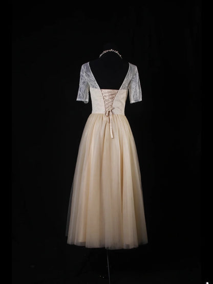 Simple A Line Scoop Neck With Half Sleeves Tulle Lace Bridesmaid Dresses AS216