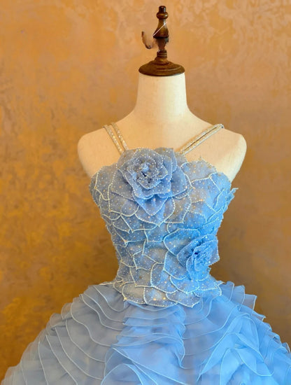 3D Floral Tiered Layers Halter Blue Quinceanera Dress Ball Gown Sweet 15 Gown RB9141