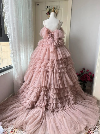 Elegant Sweet 16 Dress Long Spaghetti Straps Pink With Tiered Layers Ball Gown Sweet Sixteen Party Birthday Dresses RC0573
