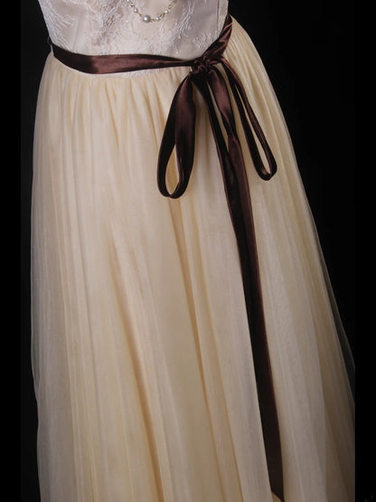 Simple A Line Scoop Neck With Half Sleeves Tulle Lace Bridesmaid Dresses AS216