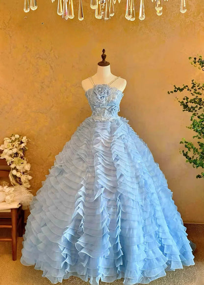 3D Floral Tiered Layers Halter Blue Quinceanera Dress Ball Gown Sweet 15 Gown RB9141
