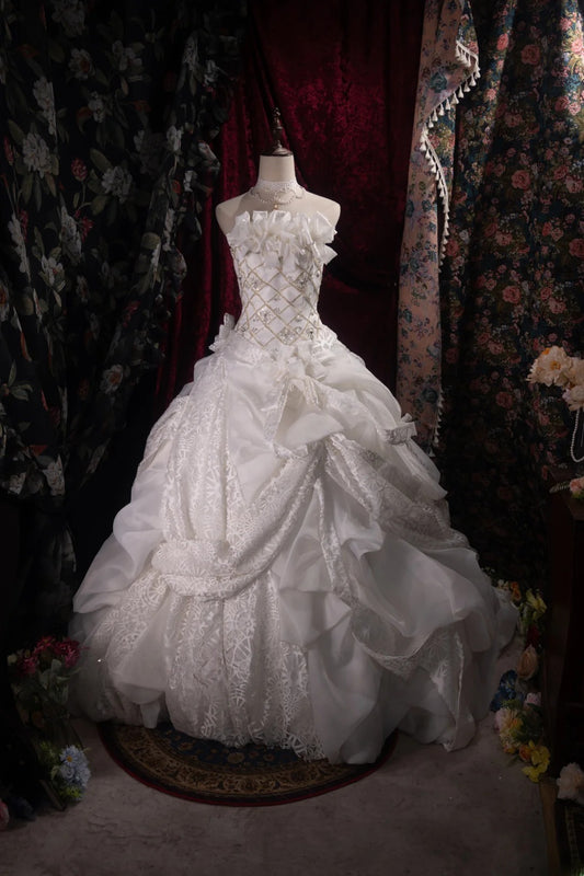 Wunderschönes trägerloses Ballkleid aus weißer Spitze, 2000er Jahre, mit Korsett, eng anliegend, lang, Herbst/Winter Brautkleid, Hochzeitskleider RB8489