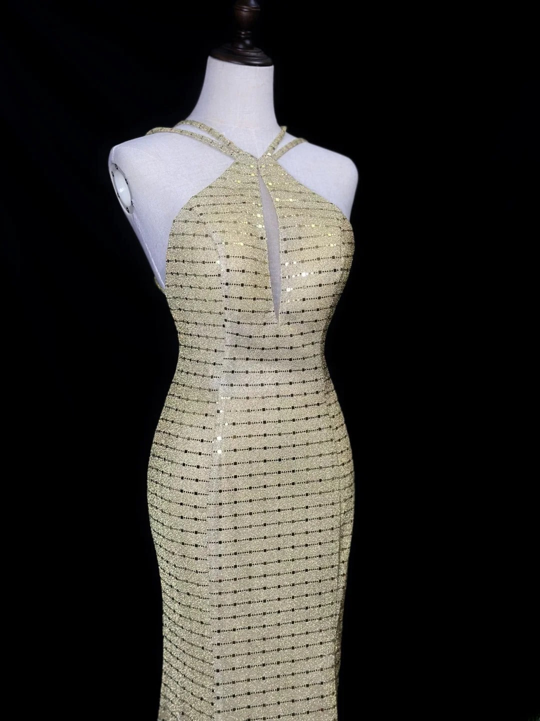 Vintage 80s Prom Dresses Mermaid Halter Gold Sequin With Backless Slit Long Party Gown Formal Outfits RB6017