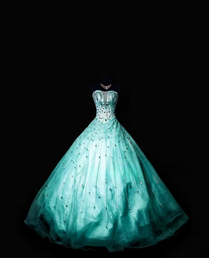 Ball Gown Strapless Blue Tulle Long Quinceanera Dresses With Beading For Sweet 15 15 Anos Celebration Birthday Formal Gown RB8865