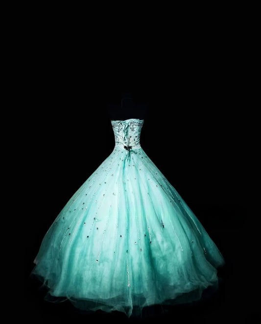 Ball Gown Strapless Blue Tulle Long Quinceanera Dresses With Beading For Sweet 15 15 Anos Celebration Birthday Formal Gown RB8865