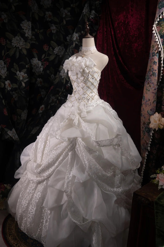 Wunderschönes trägerloses Ballkleid aus weißer Spitze, 2000er Jahre, mit Korsett, eng anliegend, lang, Herbst/Winter Brautkleid, Hochzeitskleider RB8489