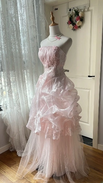 Vintage Prom Dresses Aesthetic 80s Retro A Line Strapless Pink Floor Length Evening Outfits RC0574