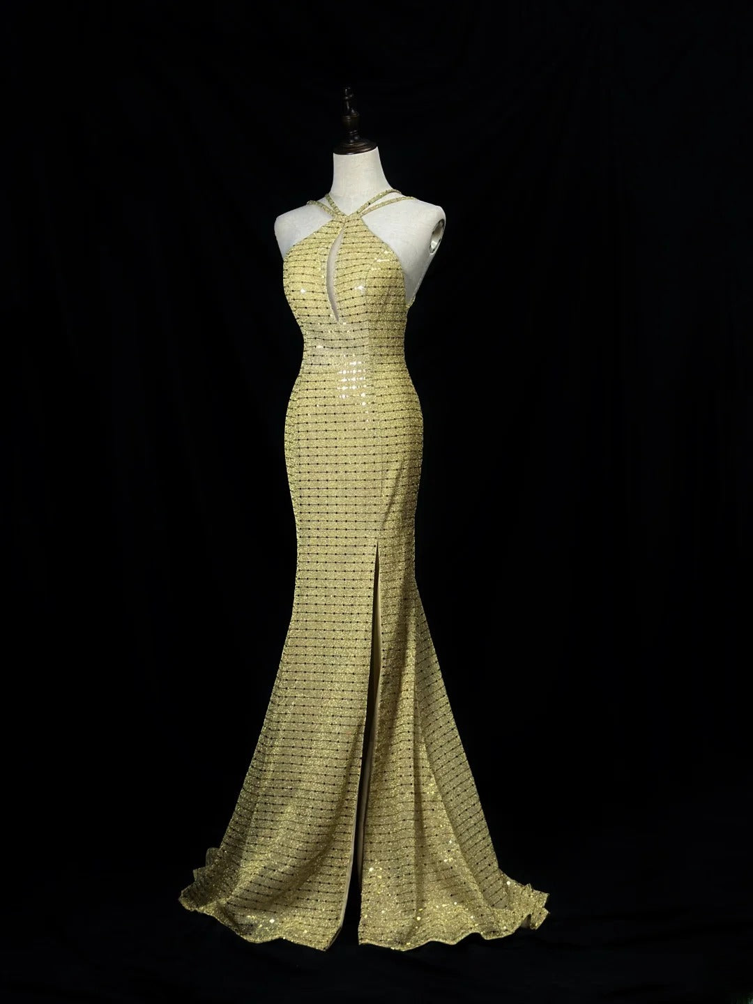 Vintage 80s Prom Dresses Mermaid Halter Gold Sequin With Backless Slit Long Party Gown Formal Outfits RB6017