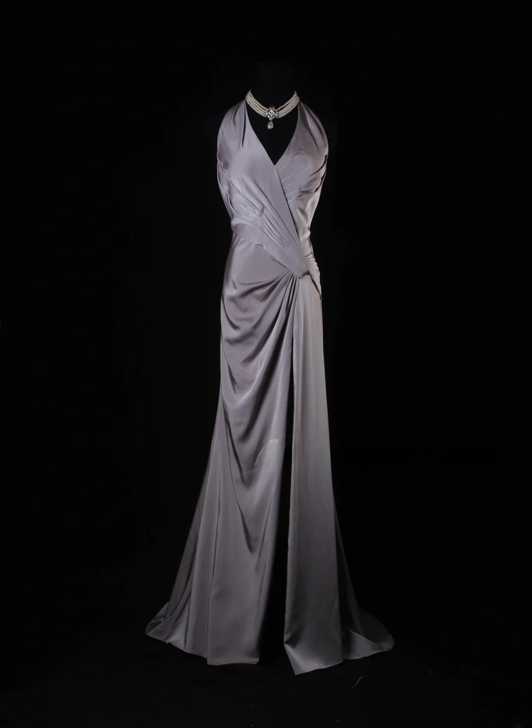 Simple Mermaid V Neck Gray Satin With Pleated Long Bridesmaid Dresses AS218