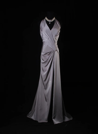 Simple Mermaid V Neck Gray Satin With Pleated Long Bridesmaid Dresses AS218