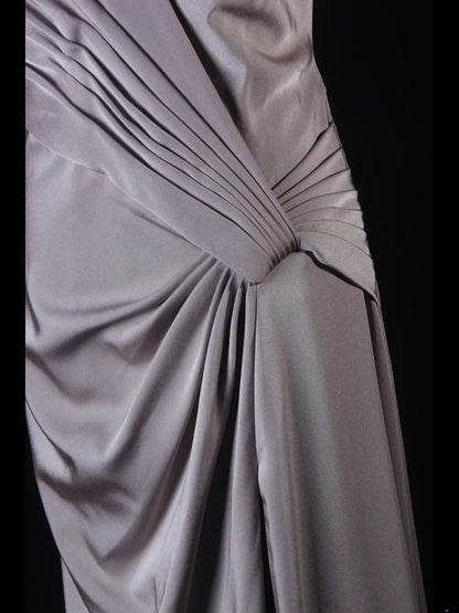Simple Mermaid V Neck Gray Satin With Pleated Long Bridesmaid Dresses AS218