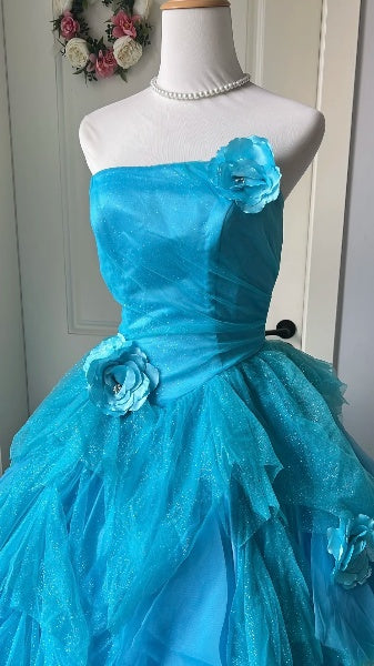 Sweet 15 Quinceanera Dress Ball Gown Strapless Blue With Tiered Tulle Long 15th Birthday Outfits RC0575