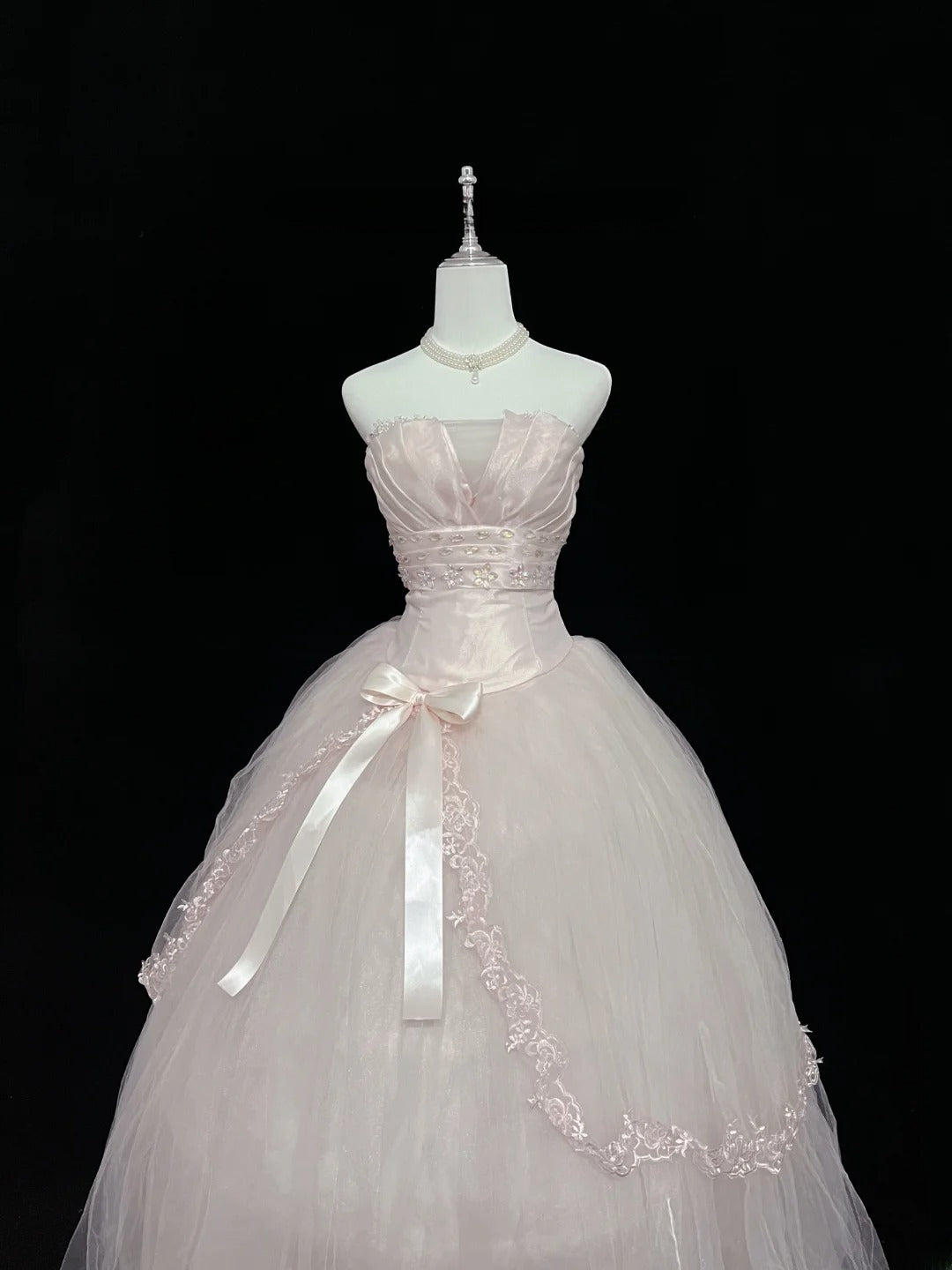 Dreamy Ball Gowns Strapless Pink With Bow-knot Tulle Long Prom Dresses Senior Puffy Sweet 16 Sixteen Outfit Vestido de 15 RB7618