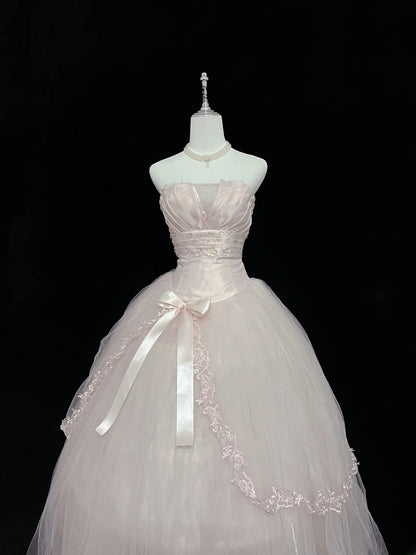 Dreamy Ball Gowns Strapless Pink With Bow-knot Tulle Long Prom Dresses Senior Puffy Sweet 16 Sixteen Outfit Vestido de 15 RB7618