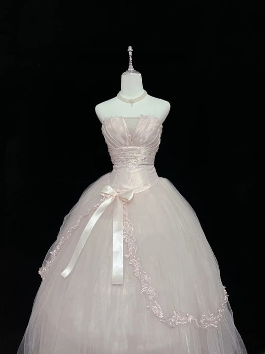 Dreamy Ball Gowns Strapless Pink With Bow-knot Tulle Long Prom Dresses Senior Puffy Sweet 16 Sixteen Outfit Vestido de 15 RB7618