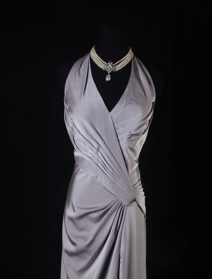 Simple Mermaid V Neck Gray Satin With Pleated Long Bridesmaid Dresses AS218