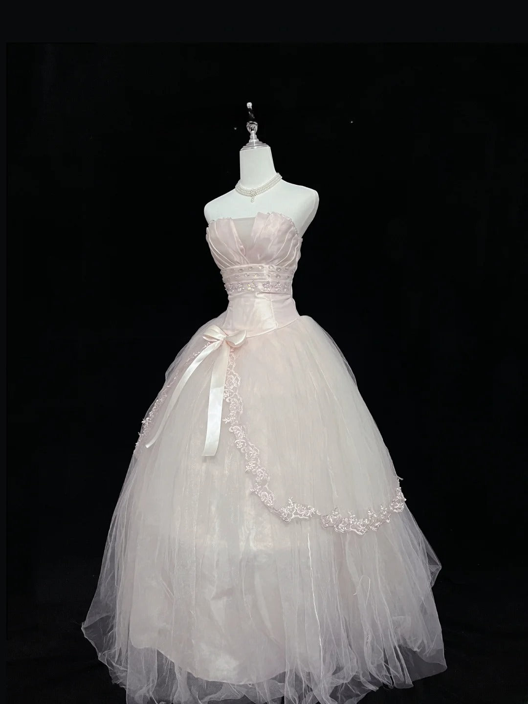 Dreamy Ball Gowns Strapless Pink With Bow-knot Tulle Long Prom Dresses Senior Puffy Sweet 16 Sixteen Outfit Vestido de 15 RB7618