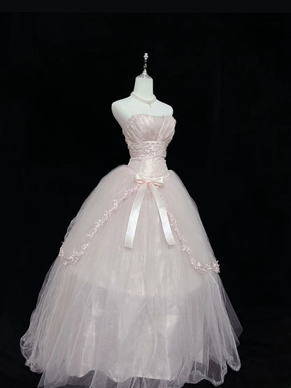 Dreamy Ball Gowns Strapless Pink With Bow-knot Tulle Long Prom Dresses Senior Puffy Sweet 16 Sixteen Outfit Vestido de 15 RB7618