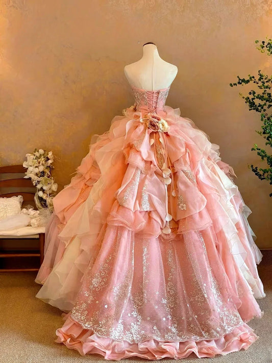 3D Floral Tiered Layers Strapless Pink Quinceanera Dress Ball Gown Sweet 15 Gown RB9144