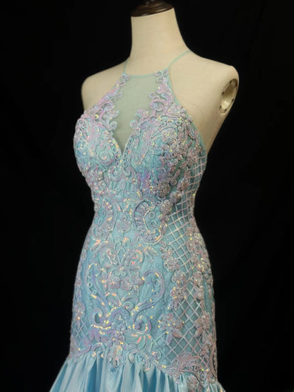 Beautiful Prom Dresses Mermaid Halter Light Sky Blue With Lace Appliqued Long Formal Outfits RB6019