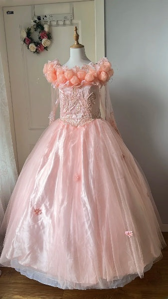 Sweet 15 Quinceanera Dress Ball Gown Pink With Flowers Tulle Long Sleeves 15th Birthday Outfits RC0577