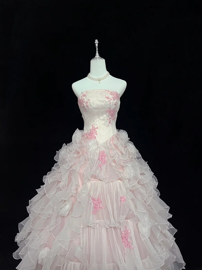Dreamy Ball Gowns Strapless Pink With Tiered Layers Tulle Long Prom Dresses Senior Puffy Sweet 16 Sixteen Outfit Vestido de 15 RB7620