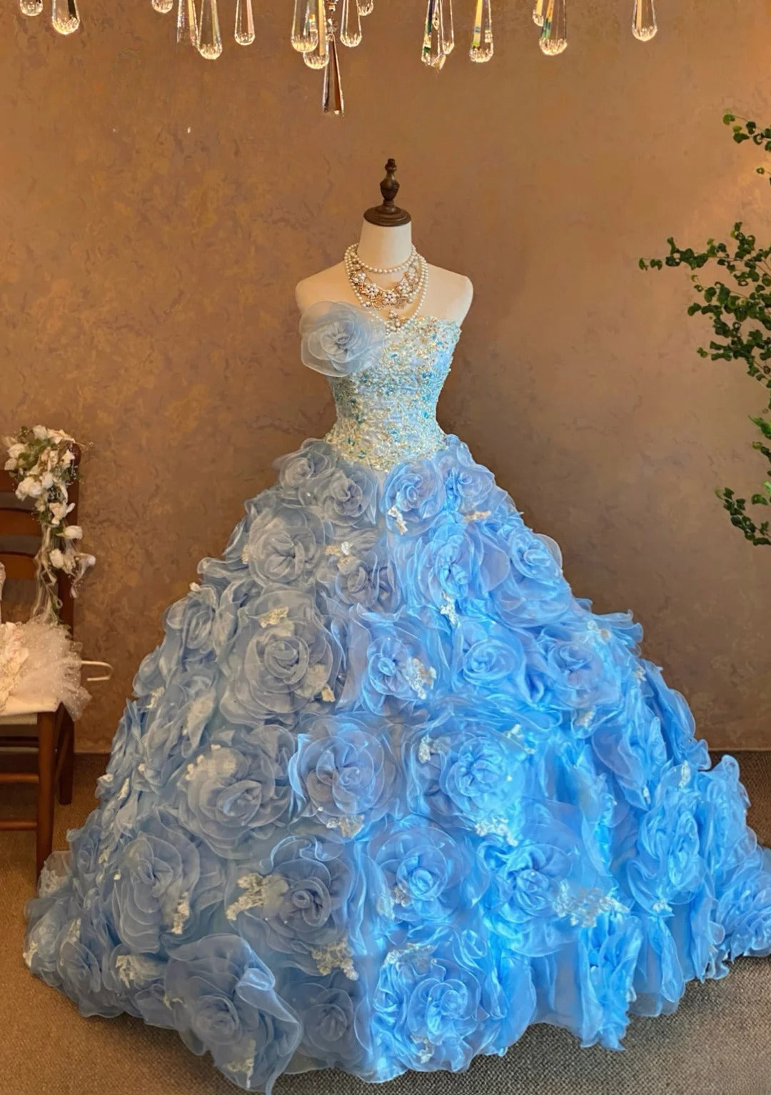 3D Floral Tiered Layers Strapless Blue Quinceanera Dress Ball Gown Sweet 15 Gown RB9143
